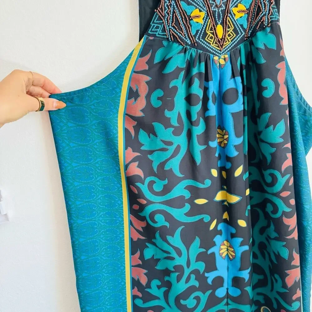 NEW ANTHROPOLOGIE Teal Black Floral Beaded Halter Mini $198 Tank Top Dress XL - Picture 8 of 13